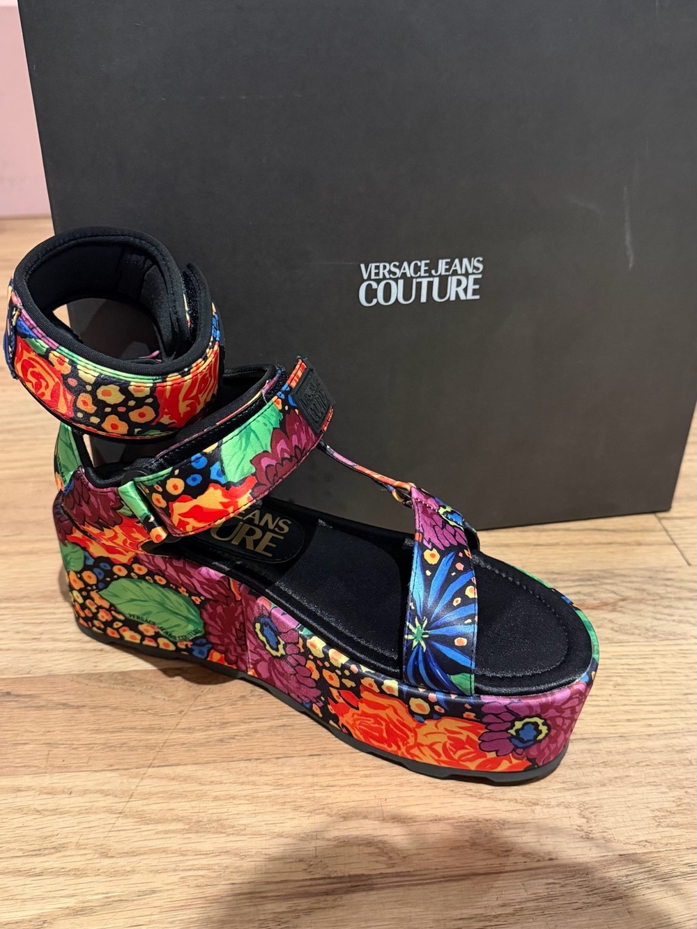 Versace Jeans Couture Floral Platform Sandals in Black with Multicolor Print